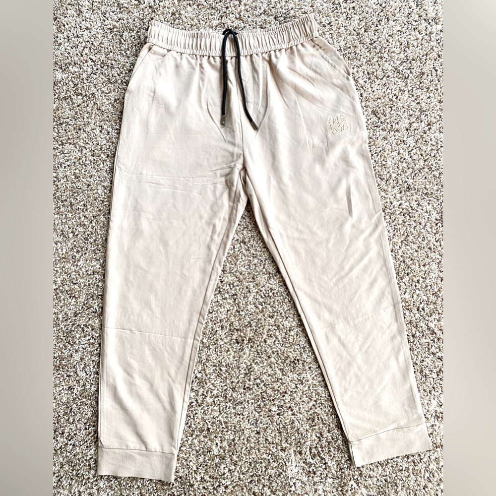 Beige casual ankle joggers Pants embroidered drawstring Unisex 28"-33"